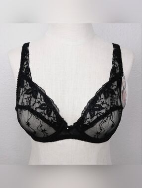 Vintage Felina Lace Bra 34D Black Floral Embroidered